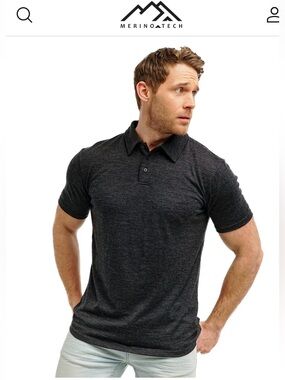 Merino Tech  Superfine 100% Merino Lite Polo Shirt Charcoal , Medium